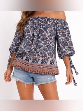 Mileage Off-The-Shoulder Boho Blue & Purple Printed Blouse Size L